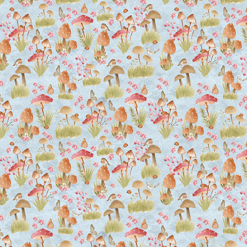 Nature's Nursery Mushroom Field Allover Blue PaintBrush Studio Cotton Fabric