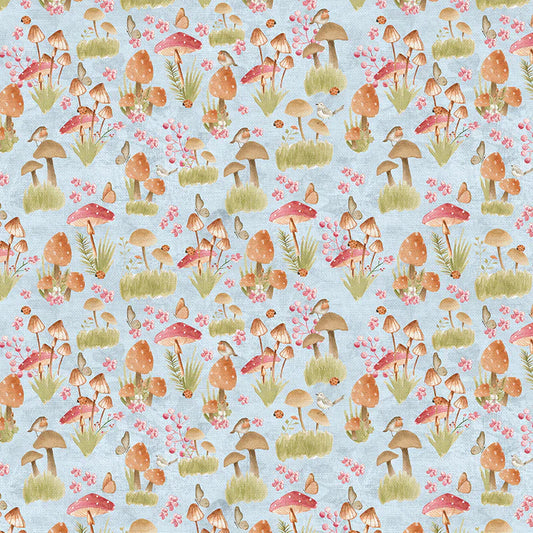 Nature's Nursery Mushroom Field Allover Blue PaintBrush Studio Cotton Fabric