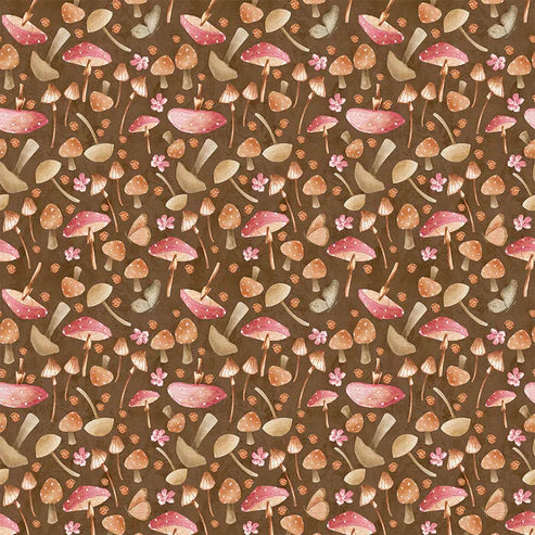 Nature's Nursery Mushroom Toss Brown PaintBrush Studio Cotton Fabric