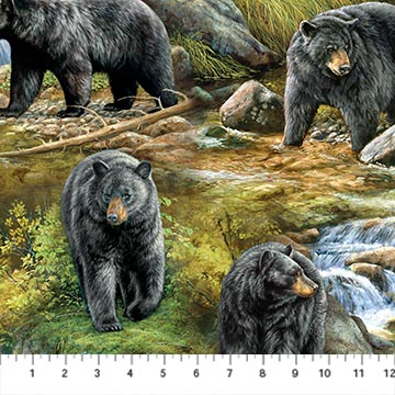 Naturescapes Northwood Bear Scenic Light Green Multi Deborah Edwards Rosemary Millette Northcott Cotton Fabrics NC-DP29168-76