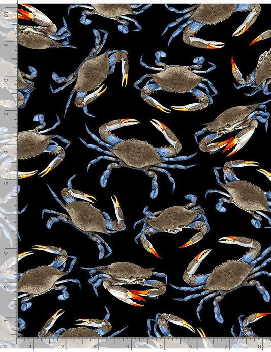 Nautical Beach Tossed Blue Crabs Black George Mccartney Timeless Treasures Cotton Fabric TT-GM-CD7419-BLACK