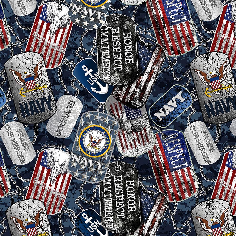 Navy Military Dogtags Allover Navy Blue Sykel Cotton Fabric 1254-N