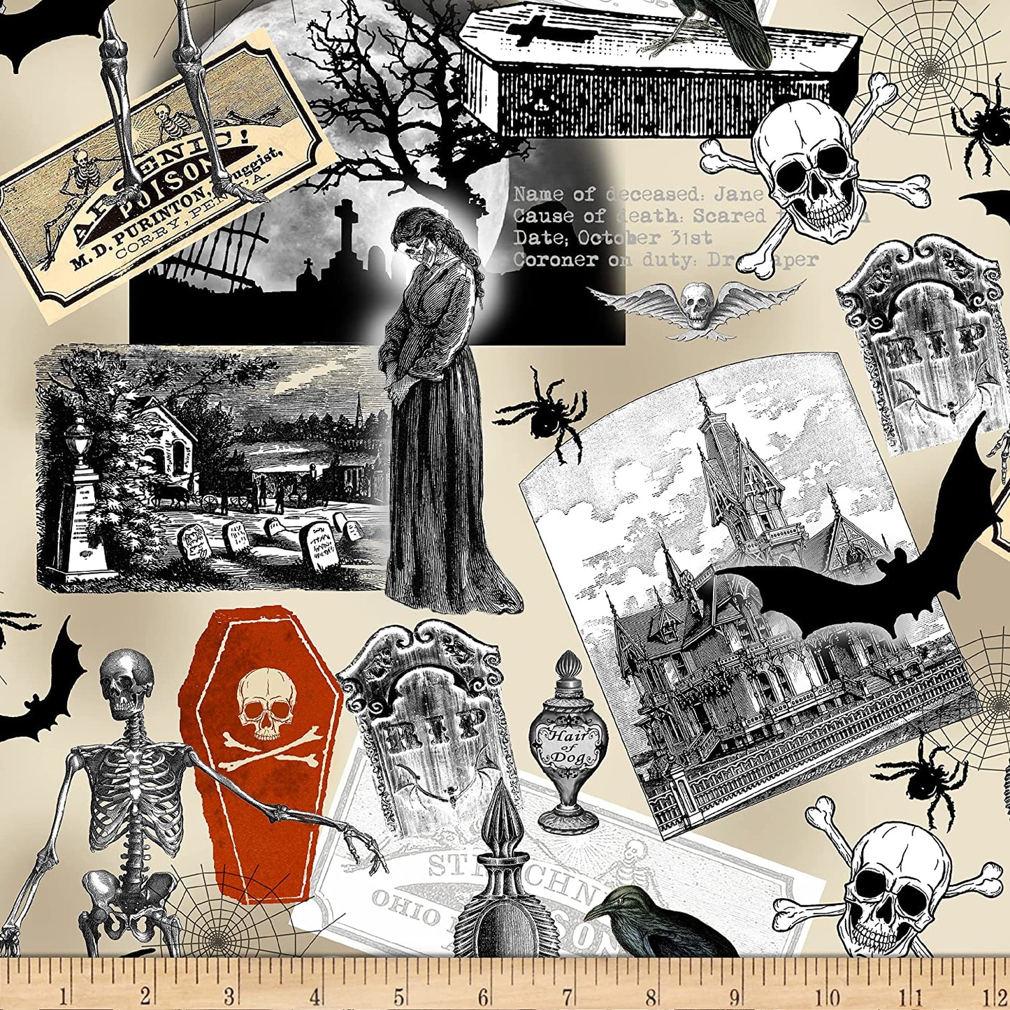 Nevermore Spooky Poison Spiders Bats Tombstone Raven Skeleton Halloween Cream Timeless Treasures Cotton Fabric