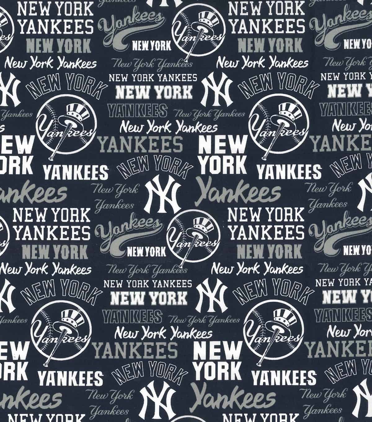New York Yankees MLB Baseball Logo Name Allover Navy Fabric Traditions Cotton Fabric | US Fabric Shop