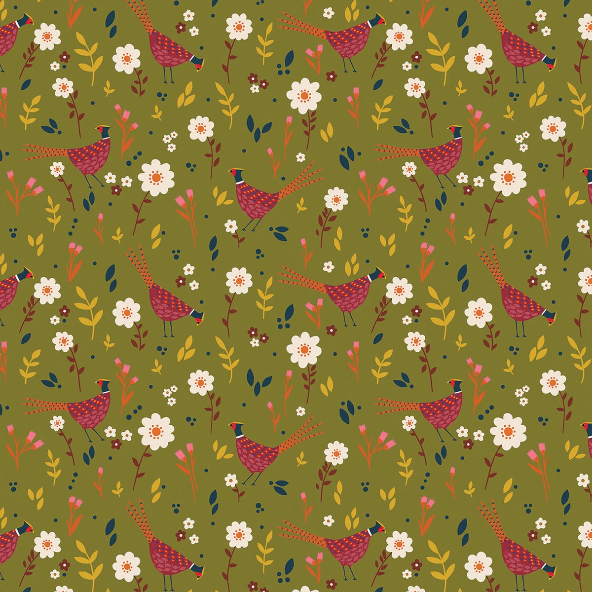 New Forest Pheasant Grove Green Sian Summerhayes Thread & Ink Design Cotton Fabric TID-NEWF-1153