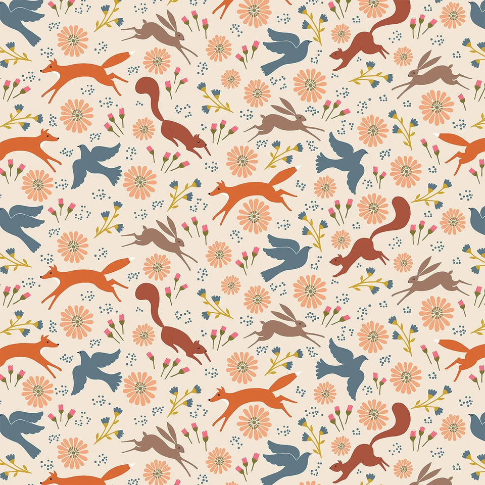 New Forest Woodland Tales Cream and White Sian Summerhayes Thread & Ink Design Cotton Fabric TID-NEWF-1151