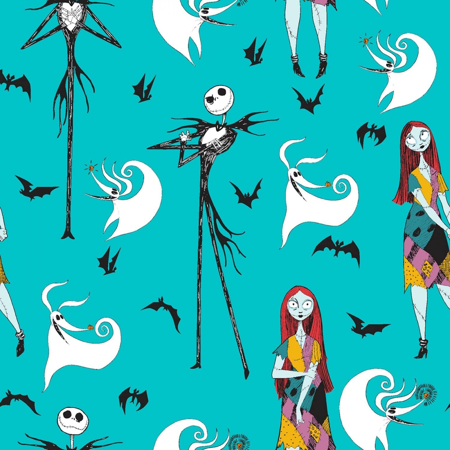 Nightmare Before Christmas Jack and Sally Zero Turquoise Springs Creative Cotton Fabric