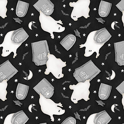 Nights of Olde Salem Tossed Ghosts Black Glow in the Dark Shelly Comiskey Henry Glass Cotton Fabric HG-807G-99