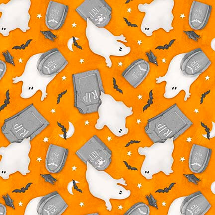 Nights of Olde Salem Tossed Ghosts Orange Glow in the Dark Shelly Comiskey Henry Glass Cotton Fabric HG-807G-33