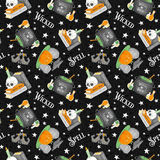 Nights of Olde Salem Tossed Motifs Black Glow in the Dark Shelly Comiskey Henry Glass Cotton Fabric