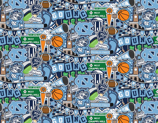 North Carolina Tar Heels NCAA College Doodle Allover Sammy Sykel Cotton Fabric SYK-NC-2001