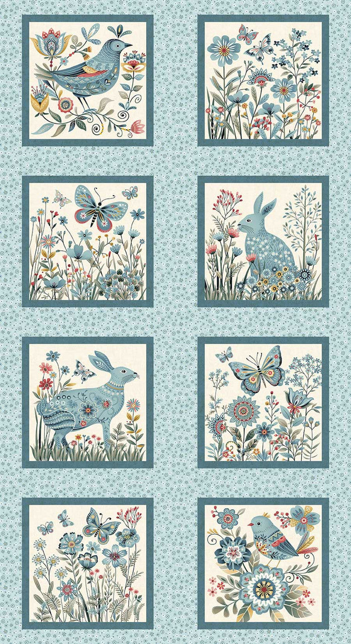 Norwegian Forest Blocks Panel 24" Pale Blue Mary Jane Carey Holly Hill Quilt Designs Henry Glass Cotton Fabric HG-3551B-17