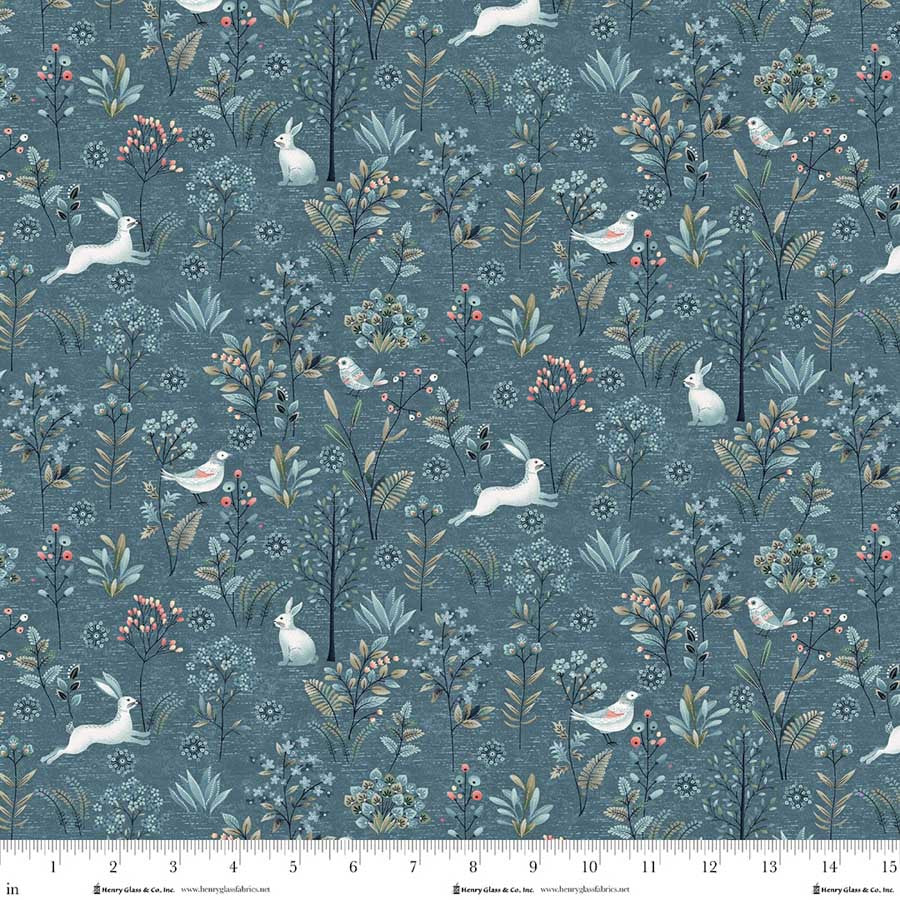 Norwegian Forest Frolicking Bunnies Medium Blue Mary Jane Carey Holly Hill Quilt Designs Henry Glass Cotton Fabric HG-3544-77
