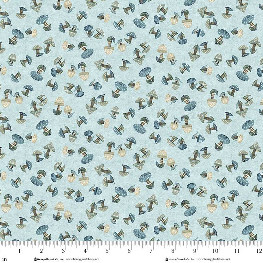 Norwegian Forest Mushrooms Pale Blue Mary Jane Carey Holly Hill Quilt Designs Henry Glass Cotton Fabric HG-3552-17
