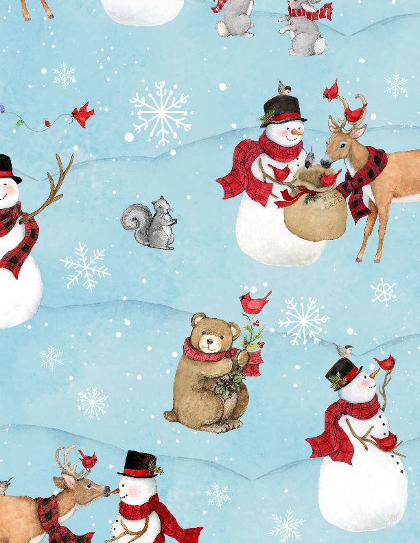 Nose to Nose Blue Snowman and Animals Winter Scenic blue Susan Winget Wilmington Prints Cotton Fabric