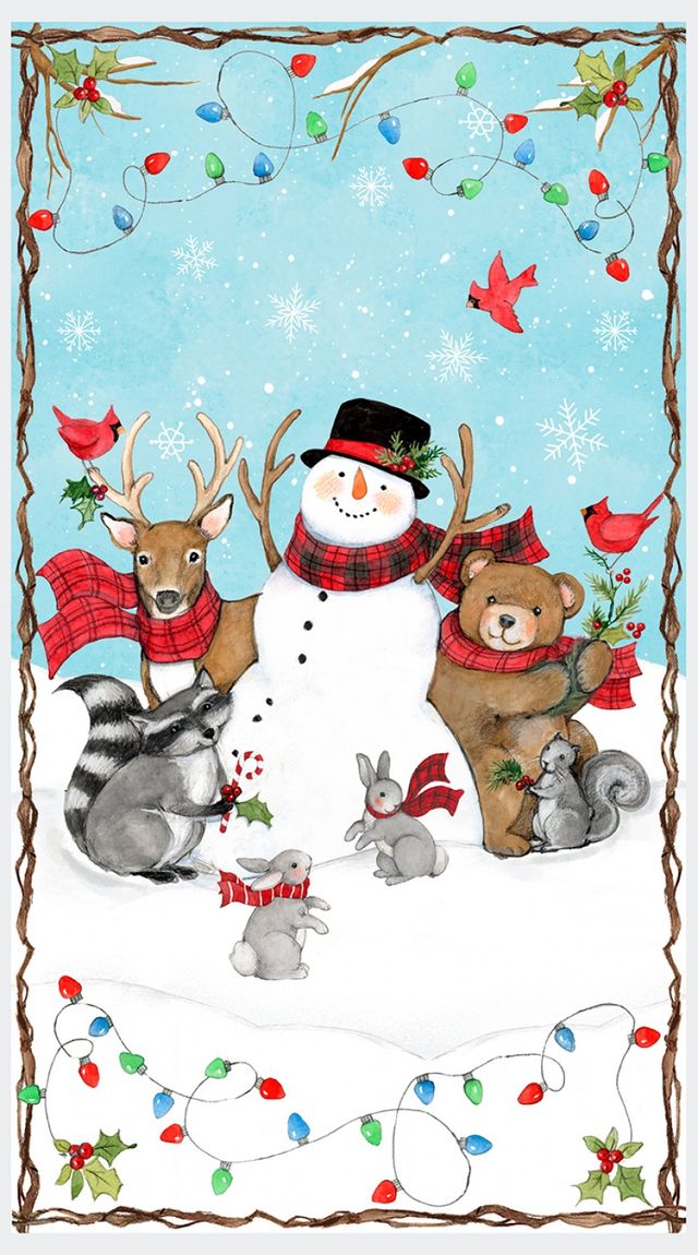 Nose to Nose Snowman Winter Animals Panel 24" Blue Susan Winget Wilmington Prints Cotton Fabric
