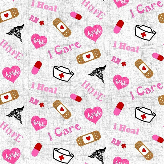 Nurse RN Symbol White Pink Sykel Cotton Fabric 10302-Nurse
