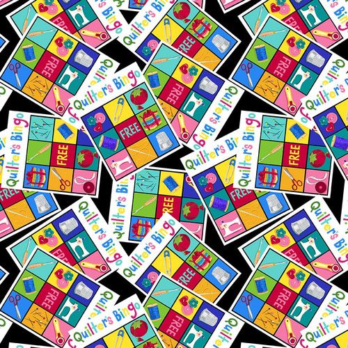 Quilter's Haven Quilting Bingo Cards Black Satin Moon Designs Blank Quilting Cotton Fabric BQ-QUILTERSHAVE-B-2997-99