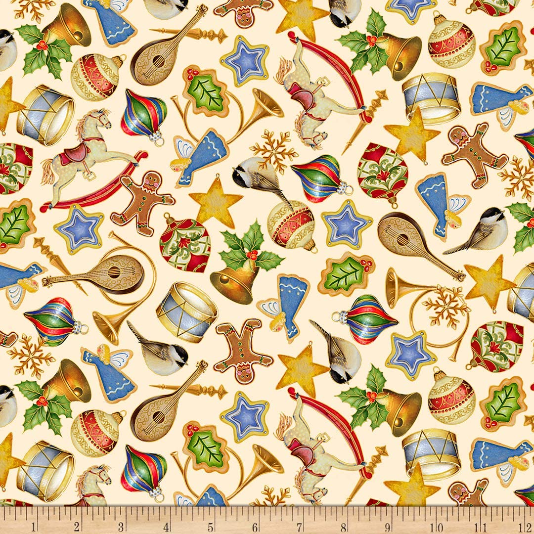 O Tannenbaum Ornaments Cream Quilting Treasures Cotton Fabric