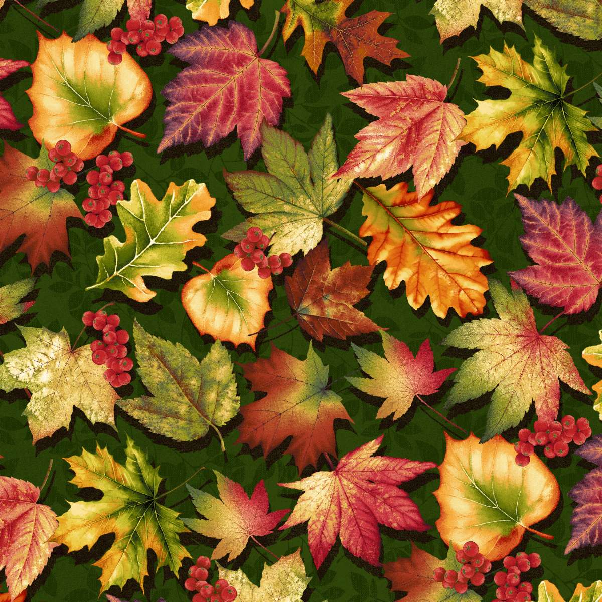 Oak & Berries Leaf Toss Green Jan Mott Henry Glass Cotton Fabric HG-3652-66