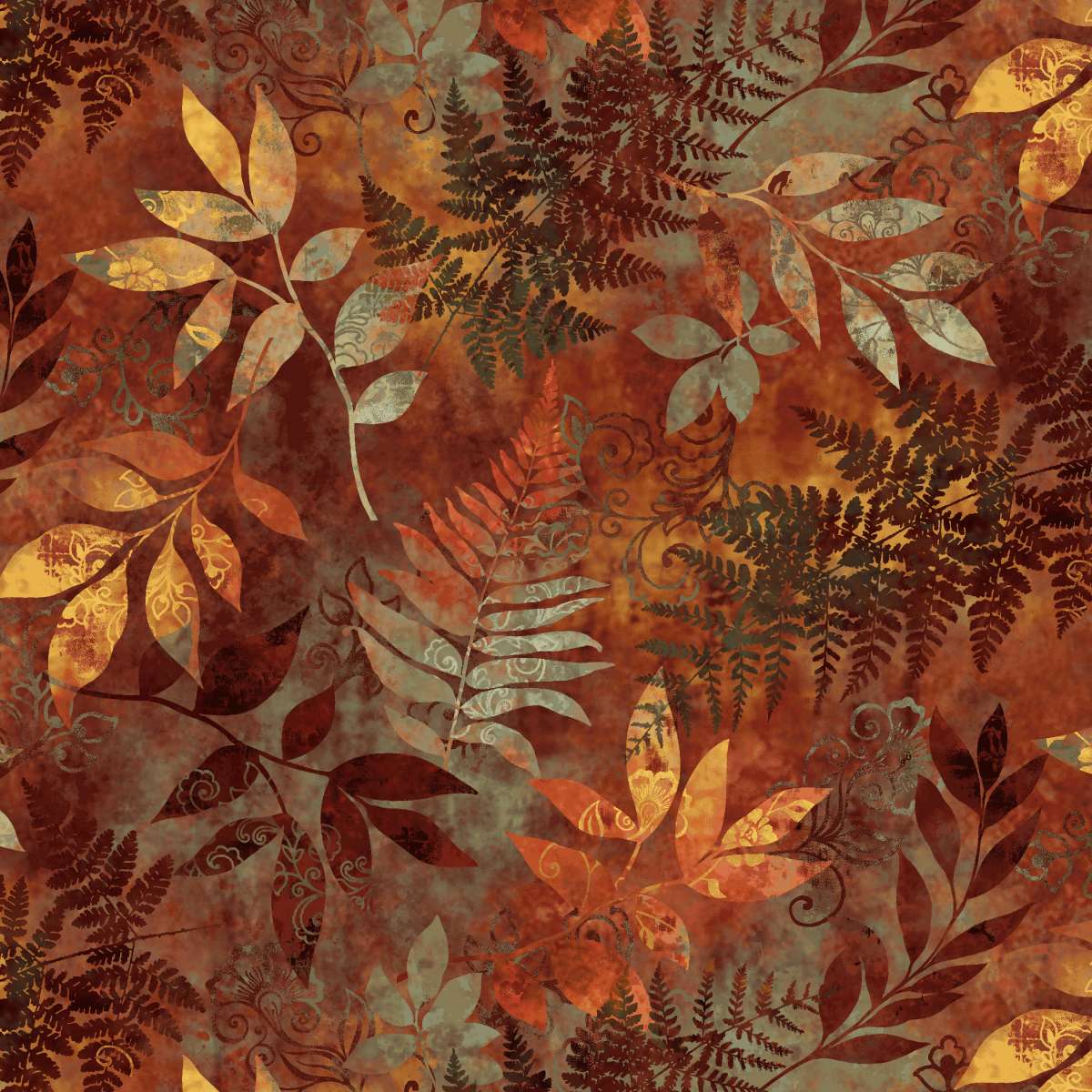 Oak & Berries Mixed Media Leaves Autumn Brown Jan Mott Henry Glass Cotton Fabric HG-3648-83