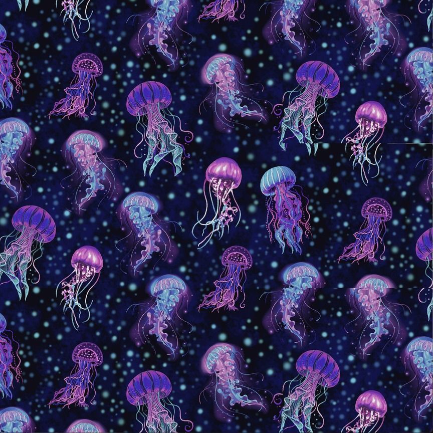 Ocean Life Bioluminescent Jellyfish 8" Midnight Blue Timeless Treasures Cotton Fabric TT-Sea-CD2852-Midnight