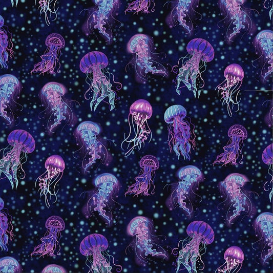 Ocean Life Bioluminescent Jellyfish 8" Midnight Blue Timeless Treasures Cotton Fabric TT-Sea-CD2852-Midnight