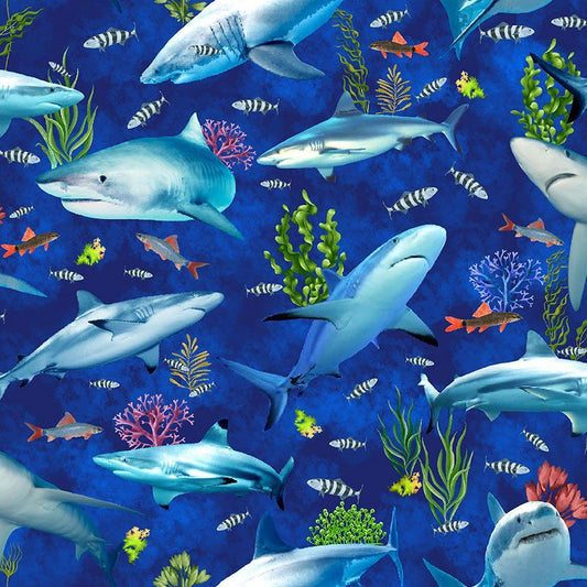 Ocean Life Reef Shark & Fishes Deep Blue Timeless Treasures Cotton Fabric TT-Sea-CD3132-Deep
