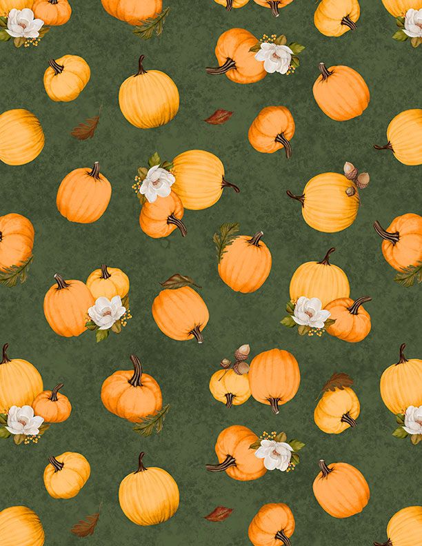 Oh My Gourd! Tossed Pumpkins Green Danielle Leone Wilmington Prints Cotton Fabric WP-3017-27747-782