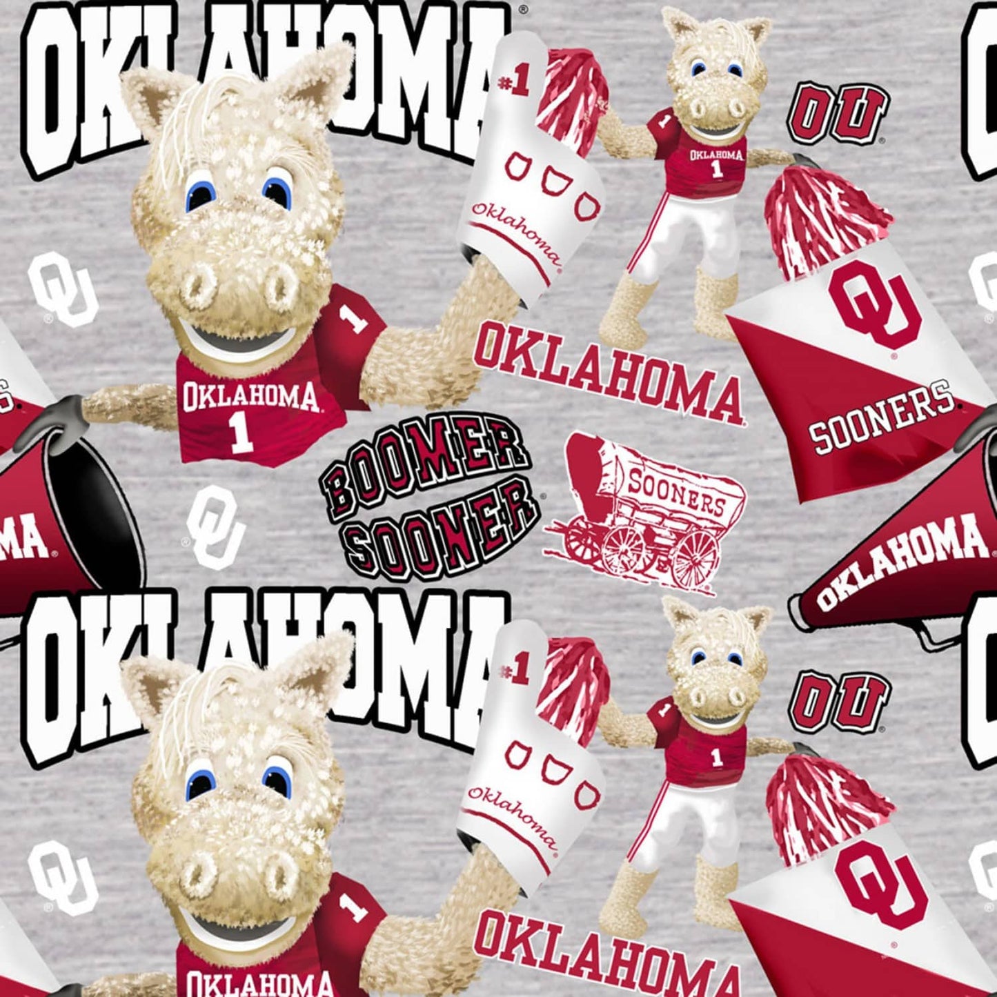 Oklahoma Sooners NCAA College Mascot Allover in Heather Gray Sykel Cotton Fabric OU-1164