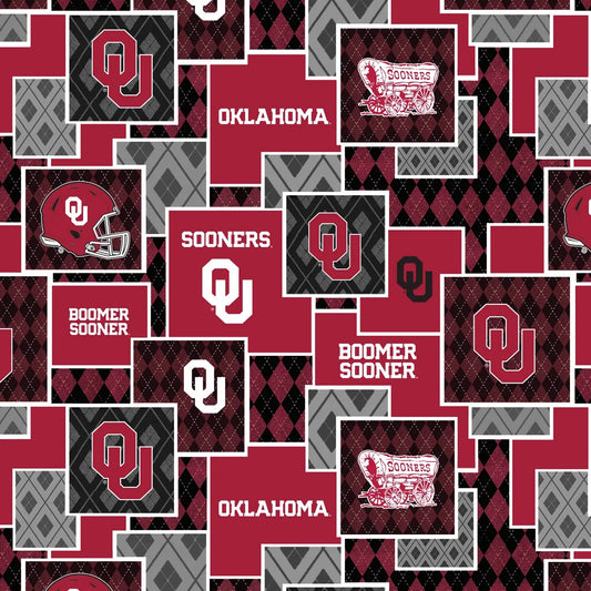 Oklahoma Sooners NCAA College Argyle Boxes Sykel Enterprises Cotton Fabric SYK-OU-1371