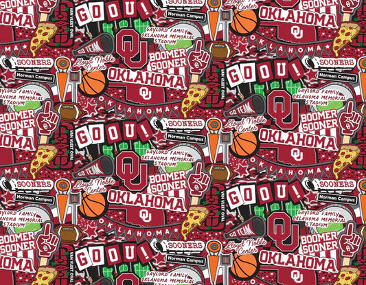 Oklahoma Sooners NCAA College Doodle Allover Sammy Sykel Cotton Fabric OU-2001