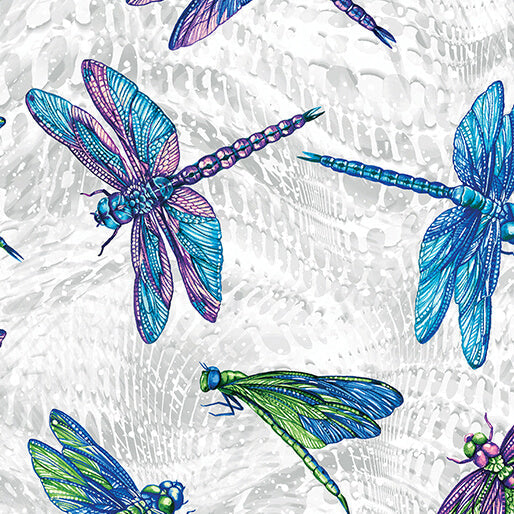 On Dragonfly Wings Large Dragonfly Grey Ann Lauer Benartex Cotton Fabric BE-16400P-08