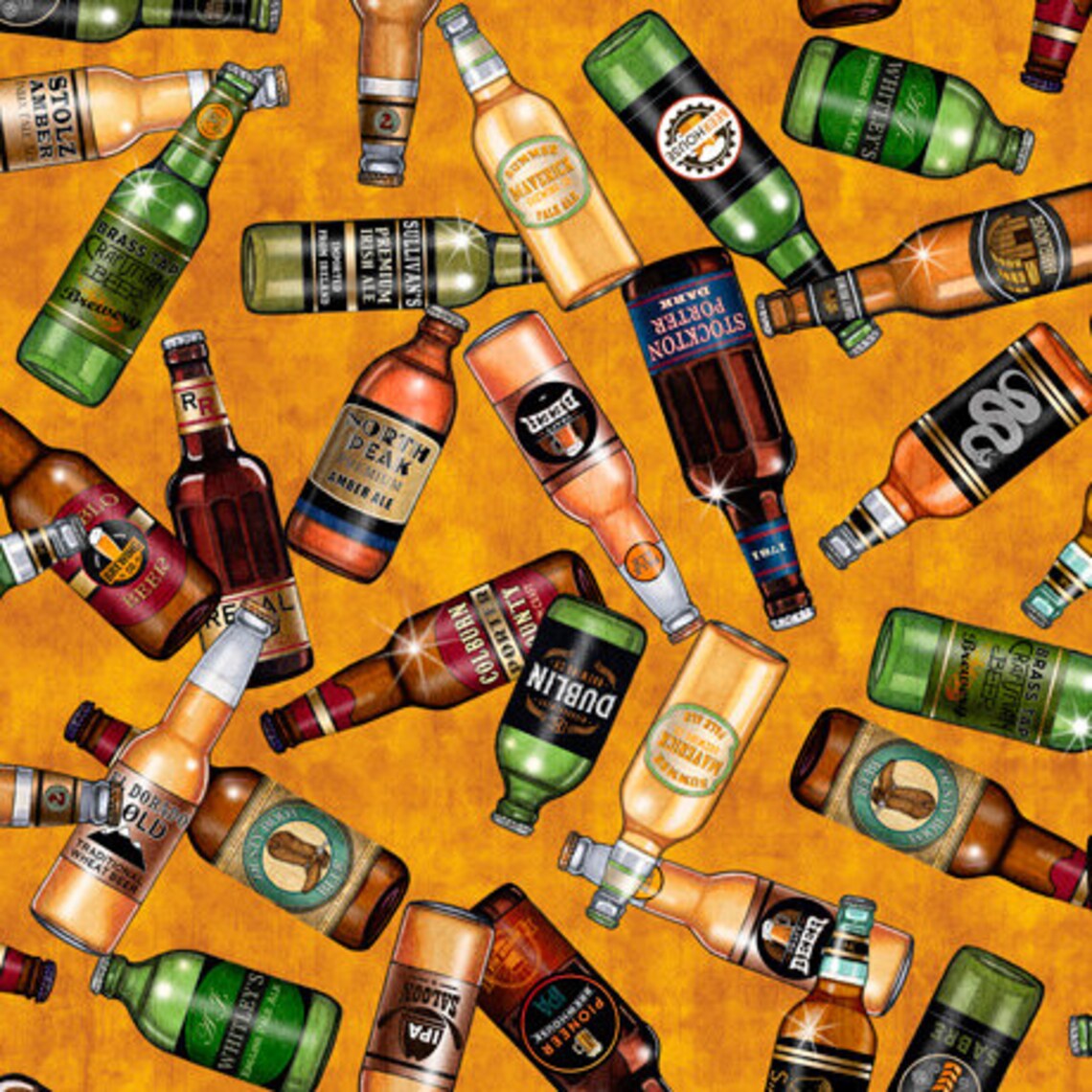 On Tap Beer Bottles Gold Quilting Treasures Cotton Fabric