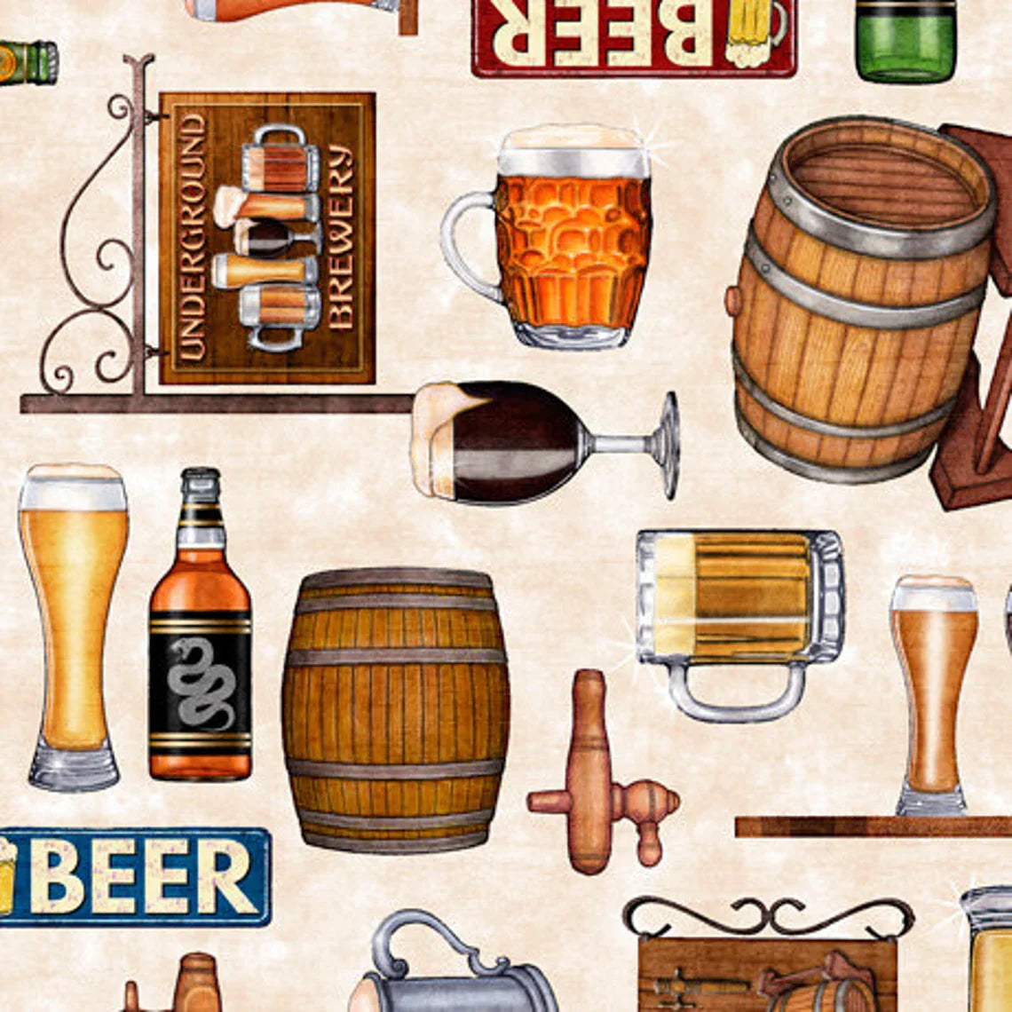 On Tap Beer Motifs Cream Quilting Treasures Cotton Fabric
