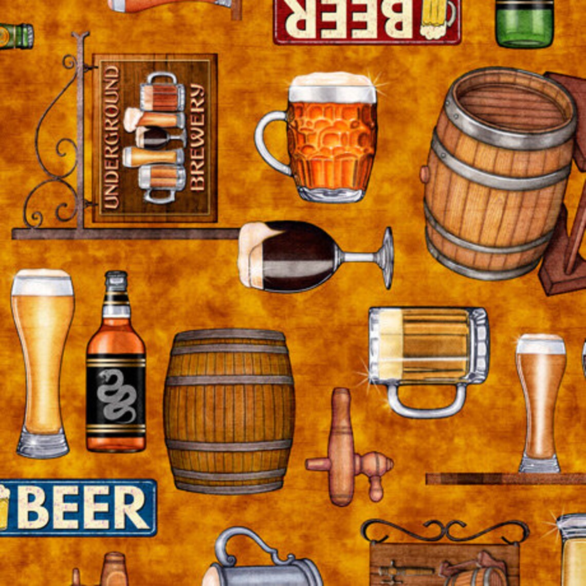 On Tap Beer Motifs Gold Quilting Treasures Cotton Fabric