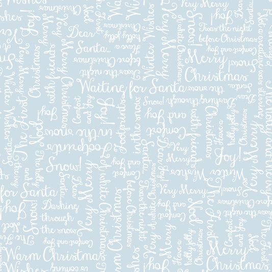 One Snowy Day Christmas Greetings Light Blue Hannah Dale Maywood Studio Cotton Fabric