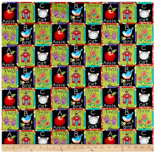 One Two Three Apple Bird Cat ABC School Teacher Springs Creative Cotton Fabric