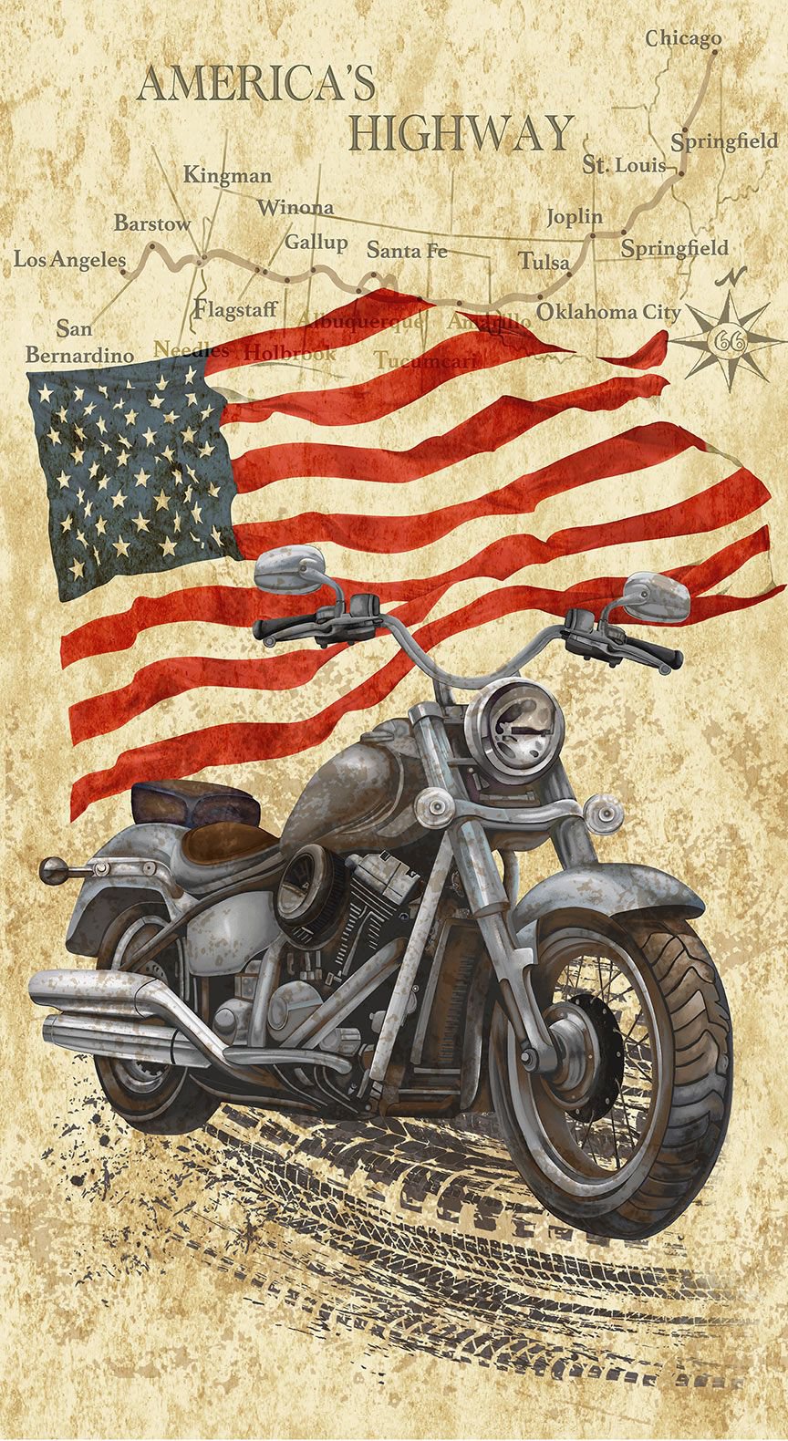 Open Road Vintage Motorcycle Panel 24" Natural Timeless Treasures Cotton Fabric TT-PANEL-CD3548-NATURAL