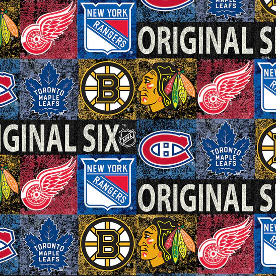 Original Six NHL Hockey Distress Logo Allover Sykel Enterprises Cotton Fabric NHL-1219-ORG6