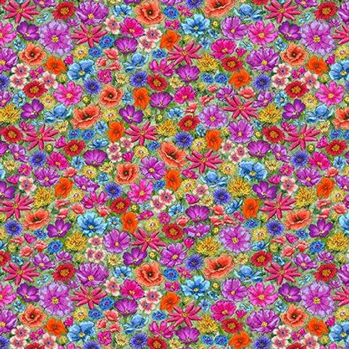 Out of Farm's Way Wildflowers Allover Print Green Anne Gregory Blank Quilting Cotton Fabric