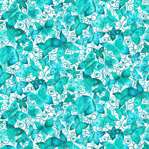 Ovarian Cancer Inspiration Butterflies Swirls Allover Teal Blue Blank Quilting Cotton Fabric