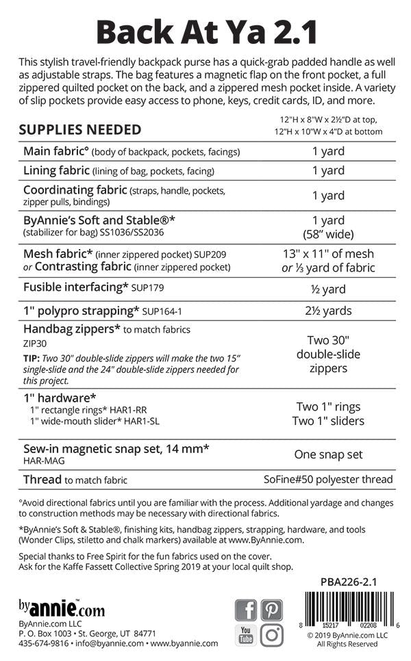 Back at Ya 2.1 Bag/ Tote Pattern Unrein - Annie Patterns by Annie's PBA-226-2.1