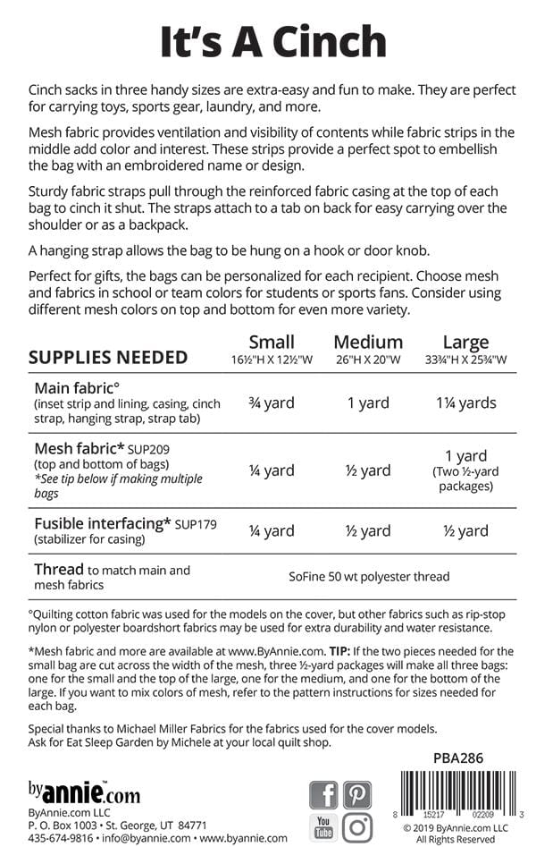 It's A Cinch Bag / Tote Pattern Annie Unrein Patterns By Annie PBA-286 | US Fabric Shop