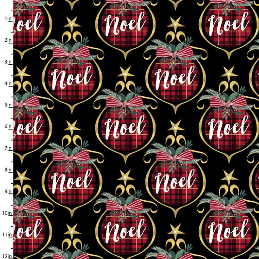 Mistletoe & Metallic Ornament Gold Black Katie Yost 3 Wishes Cotton Fabric