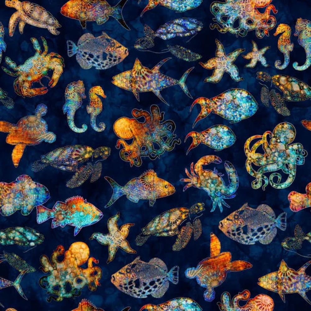 Pacifica Sealife Toss Navy Blue Dan Morris Quilting Treasures Cotton Fabric