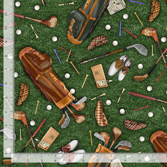 Paid for the Course Golfing Equipment Green Gail Cadden Timeless Treasures Cotton Fabric TT-GAIL-CD3854-GREEN