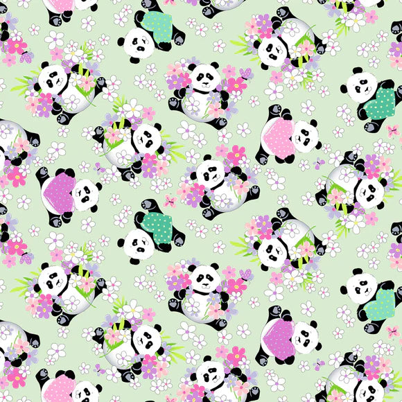 Panda Party Tossed Pandas Soft Green Susybee Clothworks Cotton Fabric CLT-SB20427-835