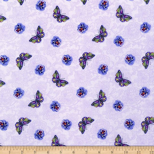 Pansy Prose Butterfly and Pansy Lilac Purple Blank Cotton Fabric