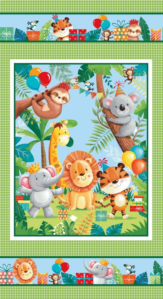 Party Animals Panel 24" Green Rob Parkinson Henry Glass Cotton Fabric HG-884P-64